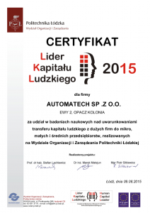 Certyfikat - Lider Kapitału Ludzkiego 2015