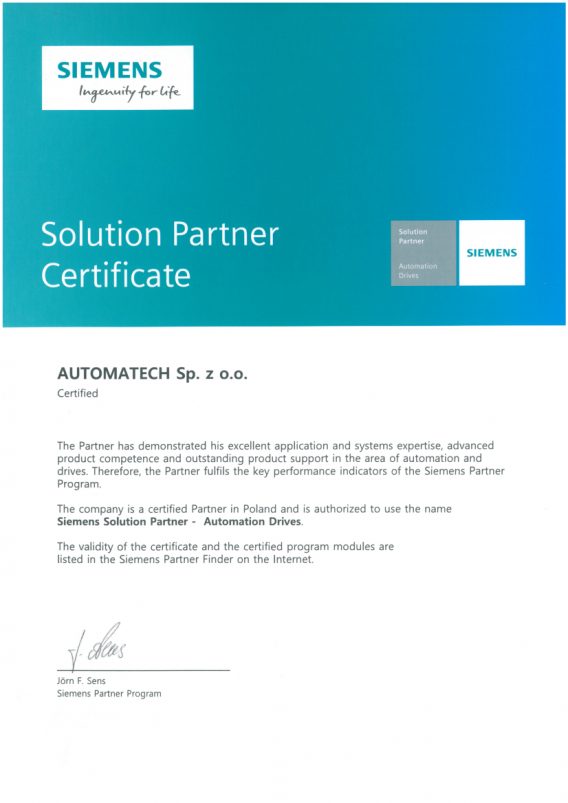 Siemens Certyfikat Solution Partner Automatech